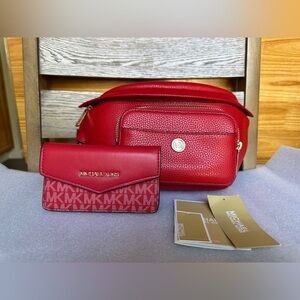Michael Kors red Maisie belt bag and wallet set